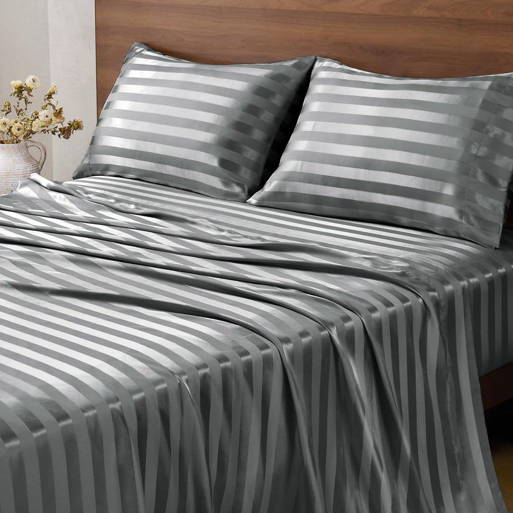 Satin Sheets Queen, Luxury Jacquard Striped Dark Grey Bedsheets with Elastic Corner Straps, Similar to Silk Sheets