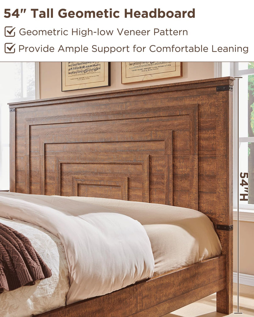 54" Tall Farmhouse Queen Size Bed Frame, Reclaimed Barnwood