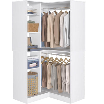 Corner Closet System with Shelves, 36'' Closet Organizer System with 2 Hanging Rods, Freestanding Walk-in L Shaped