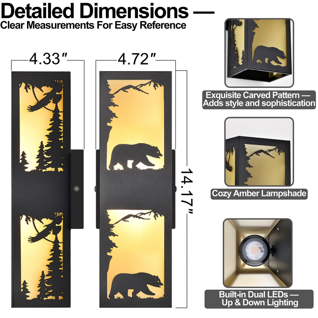 Rustic Exterior Wall Lights with Bear Pattern, Black Porch Lights Outdoor with Warm Amber Lampshade, Waterproof Up