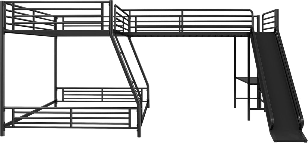 Triple Bunk Beds, L-Shape Twin Over Full Bunk Bed Attached a Loft Bed with Desk, Triple Bunk Beds with Slide