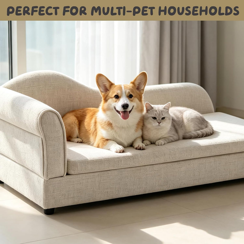 Elevated Dog Couch, Linen Pet Sofa with Wave Backrest & Single Armrest