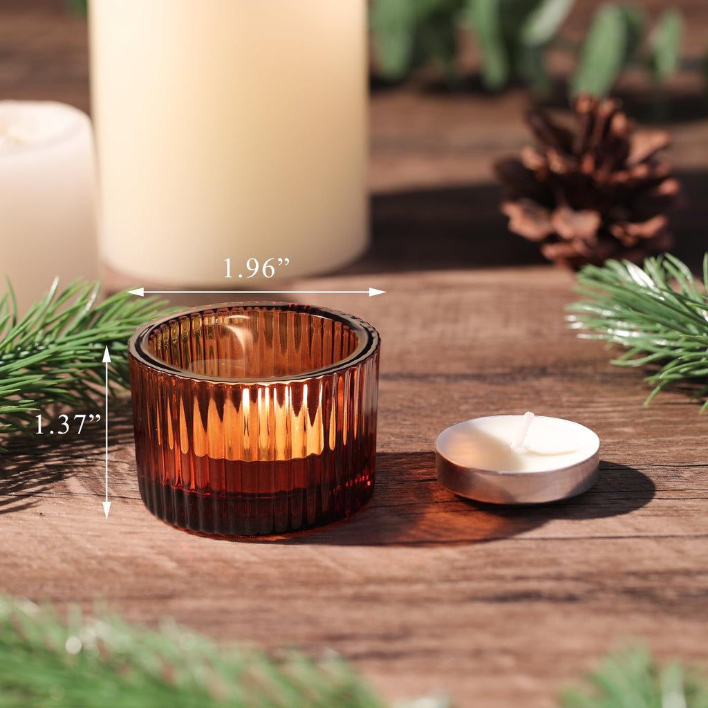 30Pcs Ribbed Amber Votive Candle Holders for Fall Table Decor, Amber Tea Light Candle Holders with 32pcs Tea Light