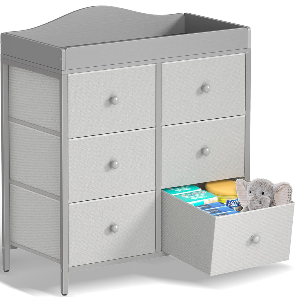 Changing Table Dresser with 6 Fabric Drawers, Baby Dresser with Changing Table Top Diaper Changing Station with