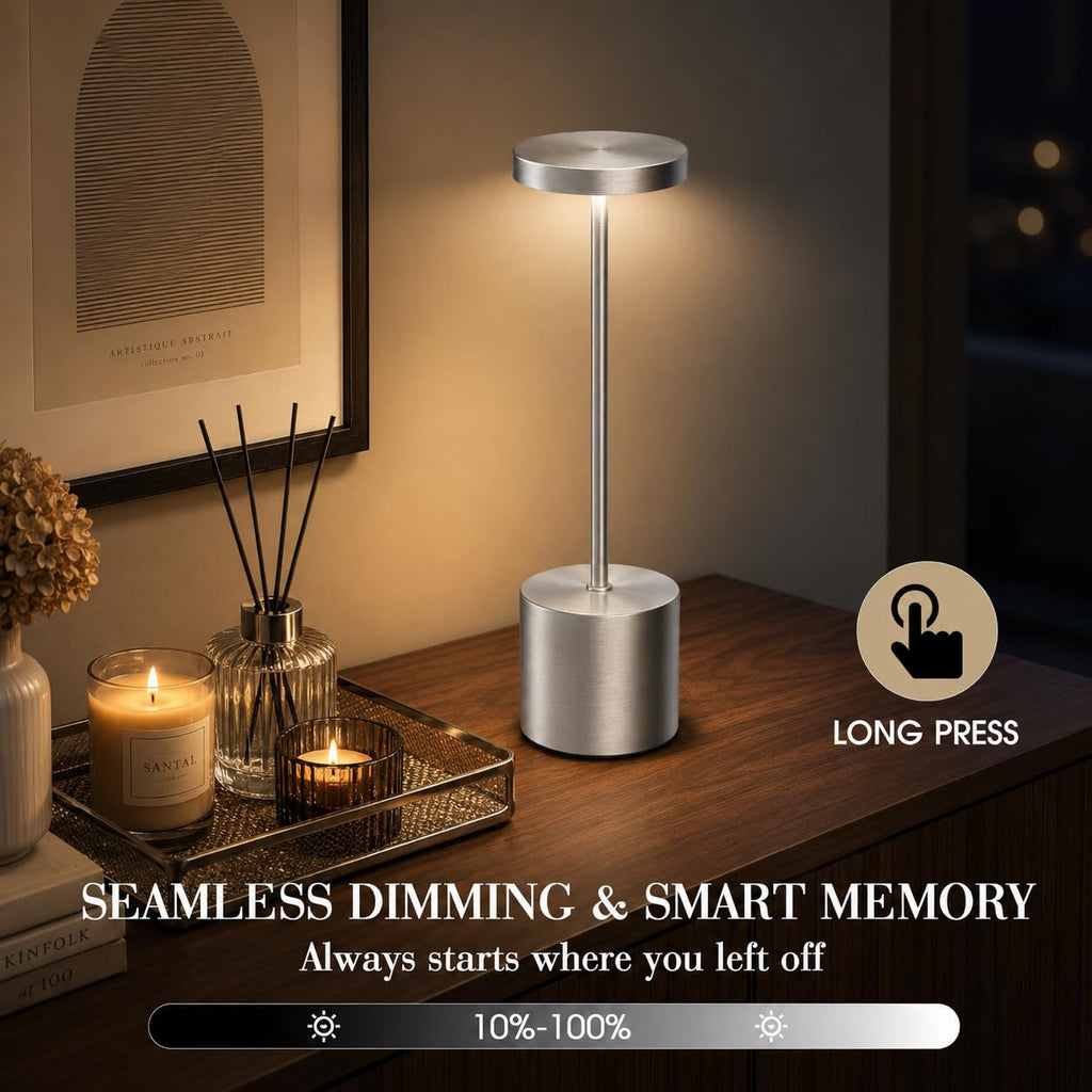 Silver Rechargeable Table Lamps 2 Pack, Cordless Battery Operated LED Desk Lamp with Touch Control, 3 Color