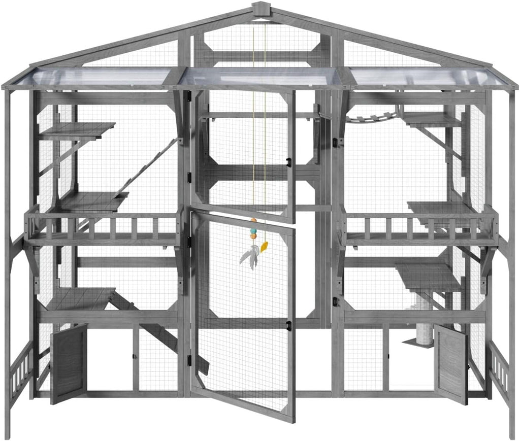 Large Outdoor Catio Cat Enclosure, Solid Wood, Grey