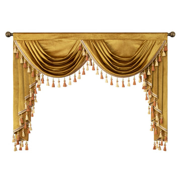 Yellow Waterfall Valances for Farmhouse, Light Reducing Velvet Swag Valance with Tassels for Guest Room, Vintage