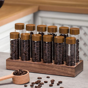 Coffee Bean Storage, Coffee Storage Container with Walnut Solid Wood Base, Coffee Bean Container, 12 Tubes Single Dose