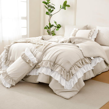 Ruffled Comforter Set, Farmhouse Shabby Boho Chic Bedding Wheat and White Ruffle Comforter Vintage Rustic French