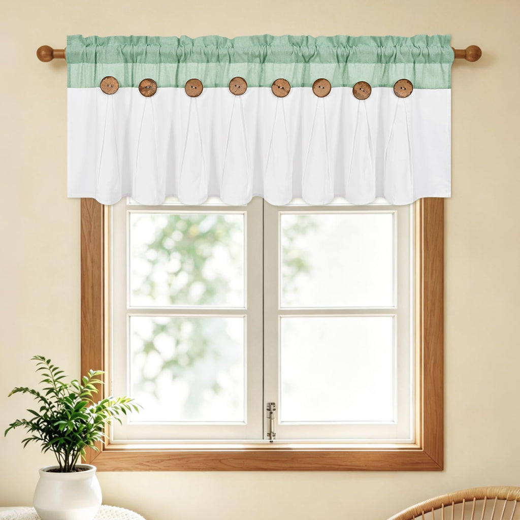 Farmhouse Valances for Windows 52x18, Cotton Linen, Teal & White