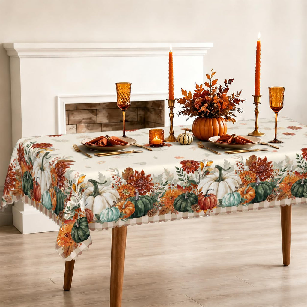 Rectangle Fall Tablecloth 60x84 Inch, Thanksgiving Autumn Harves Pumpkin Flower Table Cloth, Waterproof Wrinkle