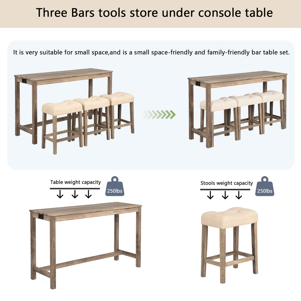 4 Piece Bar Table Set with Power Outlet, Behind Sofa Couch Table with 3 Linen Fabric Padded Saddle Seat Stools