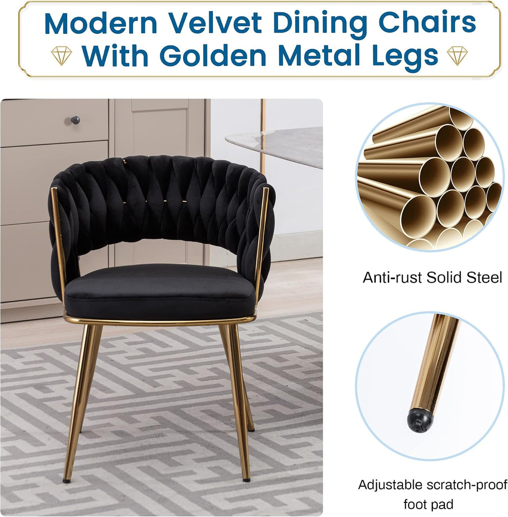 Velvet Dining Chairs Set of 2, Gold Modern Dining Chair with Metal Legs, Woven Upholstered Dining Chairs for Dining