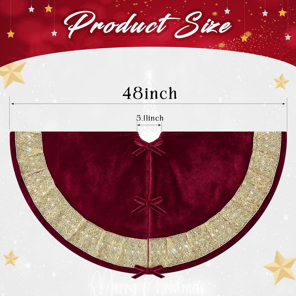 Red Velvet Christmas Tree Skirt, Gold Glitter Trim Holiday Tree Mat