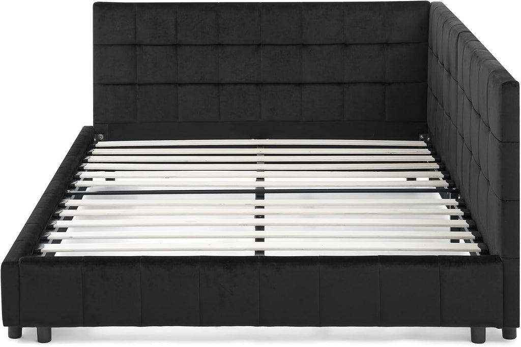 Queen Size Upholstered Daybed, Queen Corner Bed with L Shaped Headboard, Velvet Day Bed Floor Bed Frame Guest Room