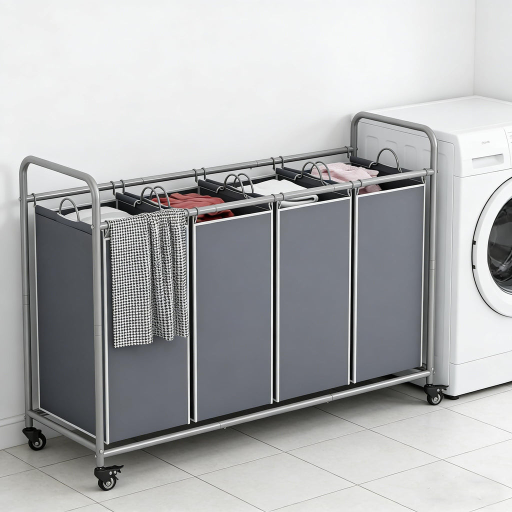4 Section Laundry Hamper, Grey Laundry Basket, 180L Laundry Sorter