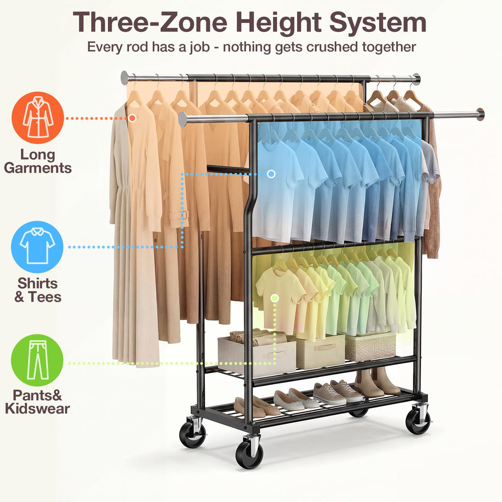 Heavy Duty Clothes Rack Load 960LBS, Adjustable Three Rods Rolling Garment Rack with Double-Layer Bottom Shelf