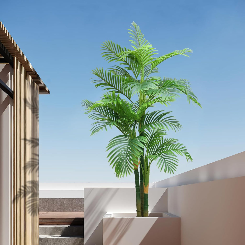 7FT Fake Palm Trees, Artificial Golden Cane Palm Tree 84IN, Green Large Tropical Palm Fake Plant in Pot for Indoor