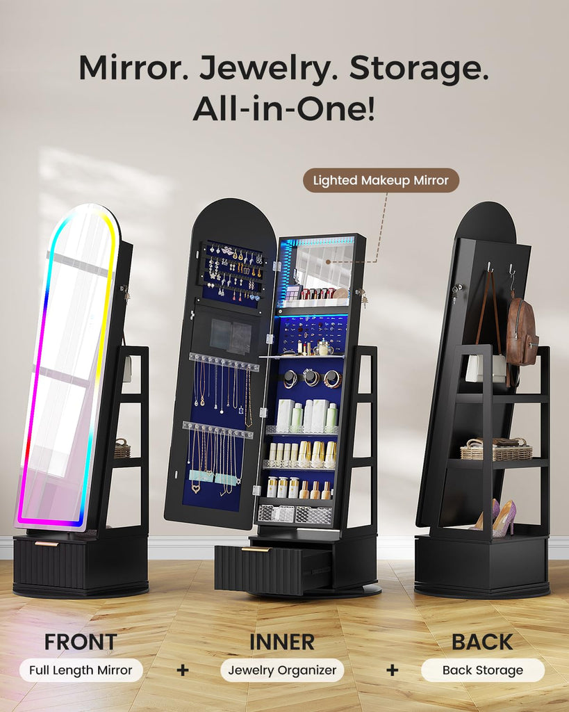 Arched Jewelry Cabinet with RGB Full-Length Mirror and Storage