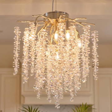 Silver Tree Branch Crystal Chandelier 5 Lights Small Ceiling Pendant Light with Dimmable Function & Adjustable Chain
