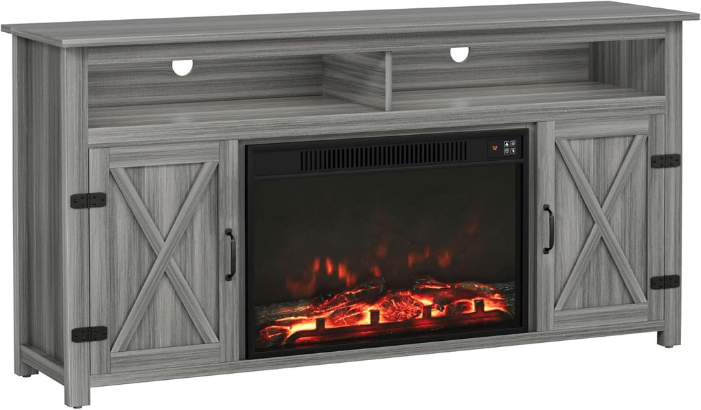 Farmhouse Fireplace TV Stand for TVs up to 65+ Inches, Entertainment Center with Storage Cabinets, Barn Doors and Shelves, Gray Wash