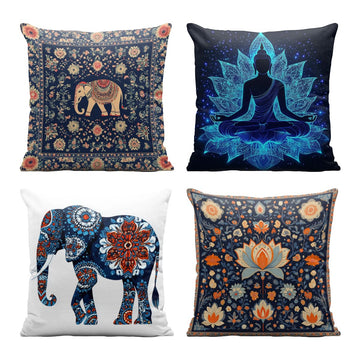Bohemia Pillow Covers 18x18 Inch Set of 4, Elephant Buddha Lotus Mandala Flower Throw Pillow Covers Farmhouse Cushion