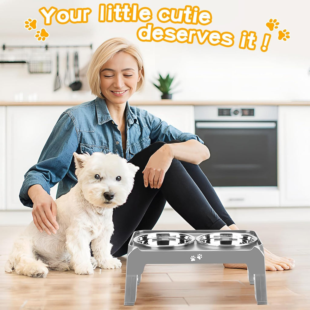 Elevated Dog Bowls for Small Medium Dogs, 3 Height Adjustable Raised Stand with 2 Thick 6" Stainless Steel Food