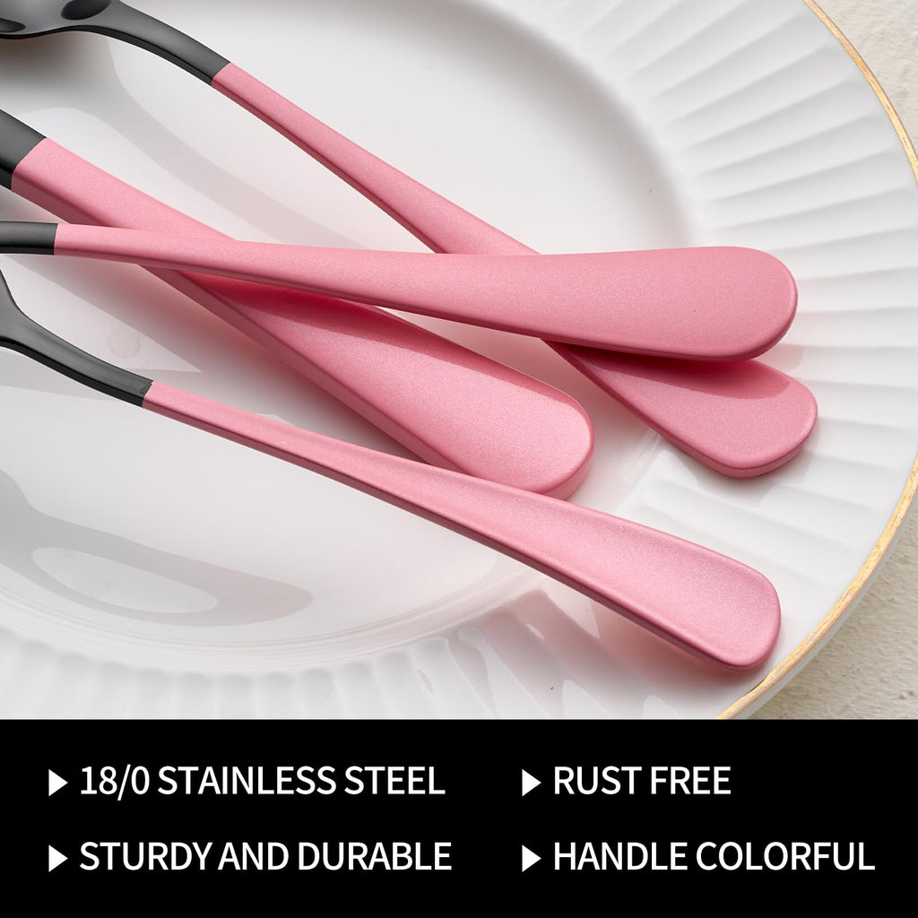 20-Pieces Blac and Pink Silverware Sets for 4,Pink Handle Stainless Steel Cutlery Set, Include Forks Spoons and