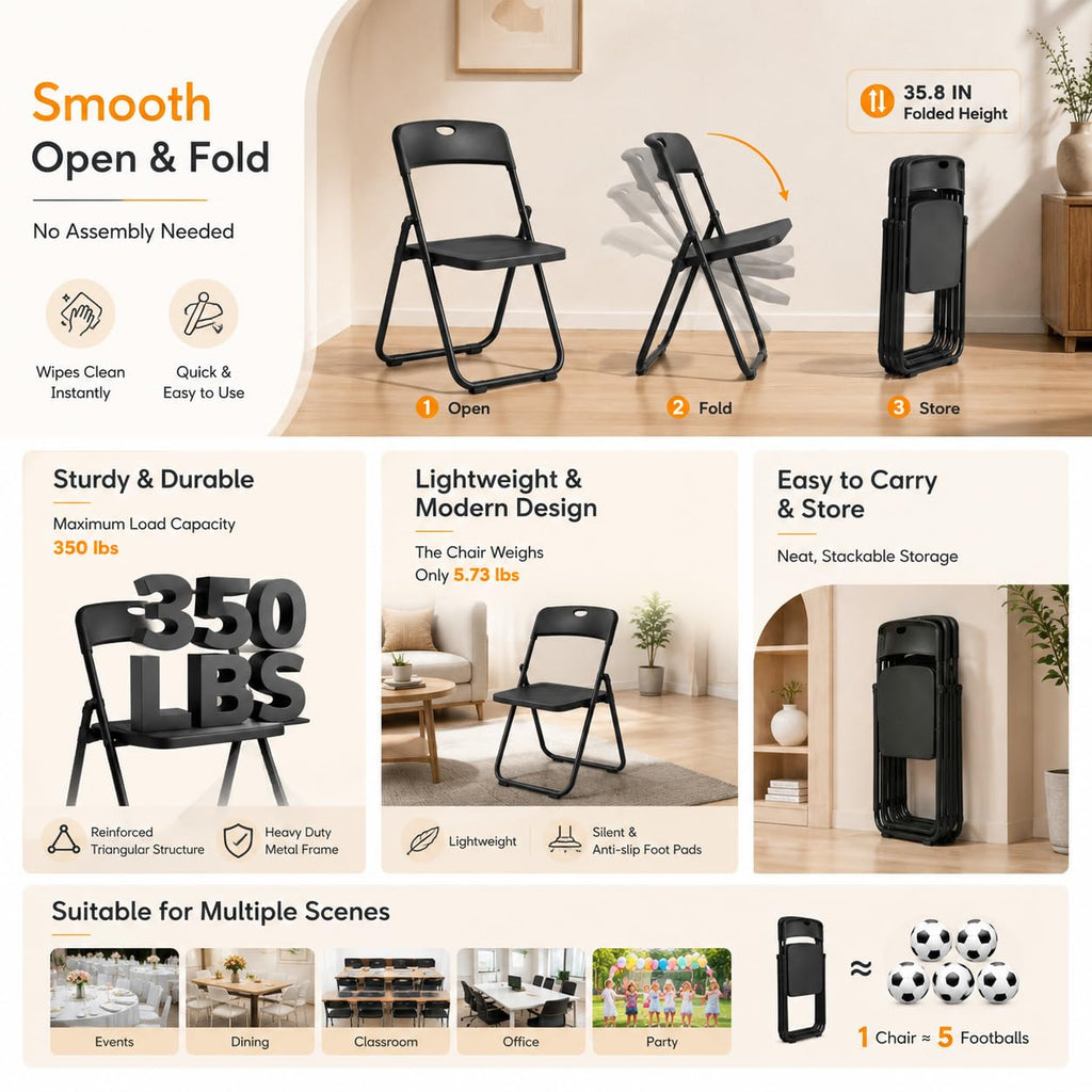 Heavy-Duty Folding Chairs 30 Pack, 350 Lbs Capacity Stackable Black