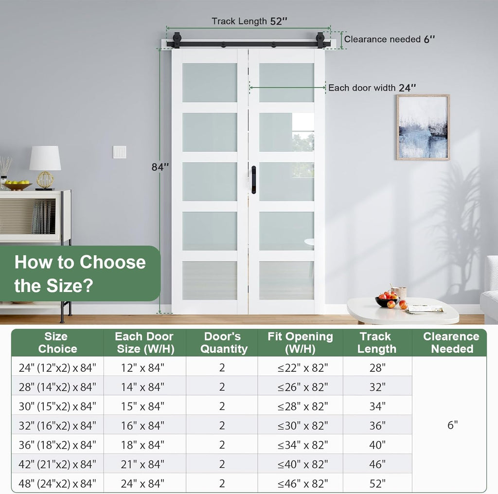 Bifold Barn Door 48x84 Inch (Double 24x84), White Frosted Glass Bifolding Doors with 52" Hardware Ki