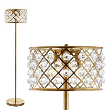 Elizabeth 60" 3-Light Crystal Metal Drum Floor Lamp, Brass Gold