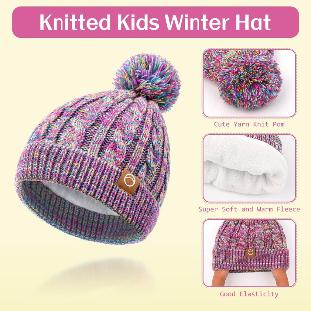 Kids Winter Pom Beanie Hat Scarf Gloves Set,Toddler Girls Boys Warm Knitted Fleece Lining Woollen Cap