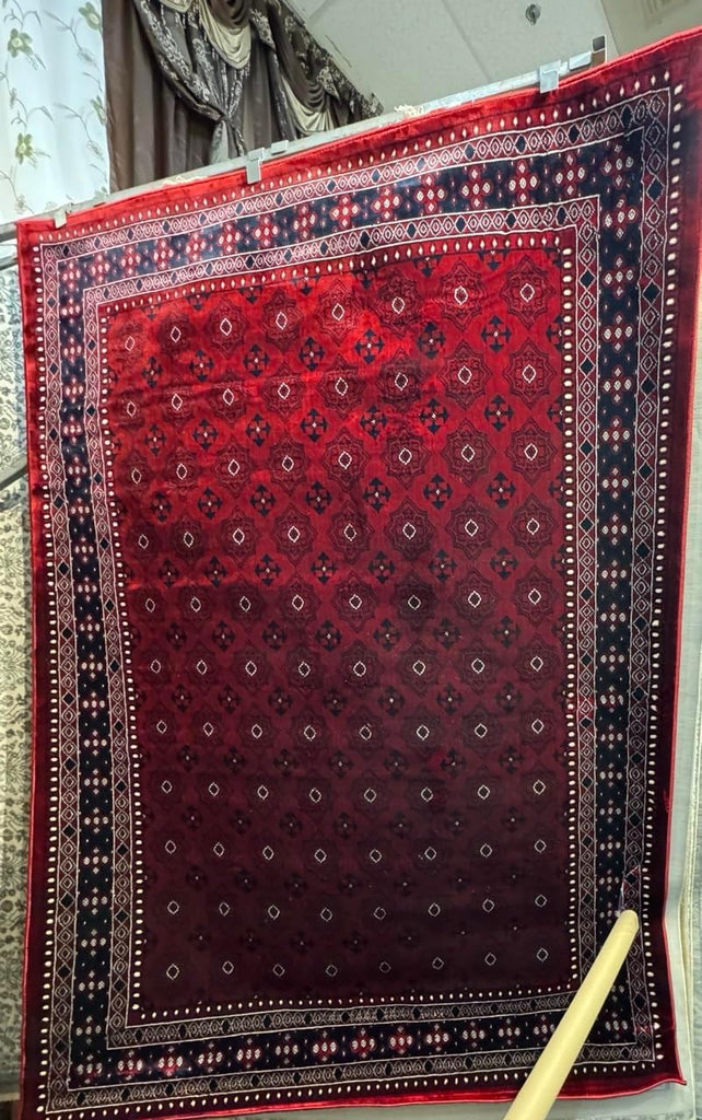 Traditional Torkaman-Inspired Area Rug, Overdyed Vintage Style, Dark Red & Dark Blue Gul Medallion Pattern, 5' x 7'