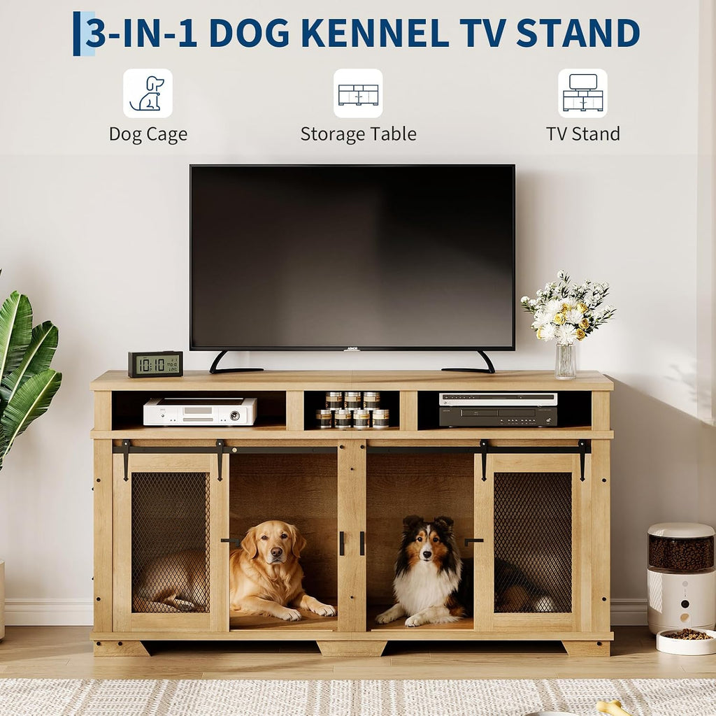 71'' Dog Crate Furniture for 2 Dogs, Extra Large Double Dog Kennel Indoor with Removable Divider and Storage Drawers