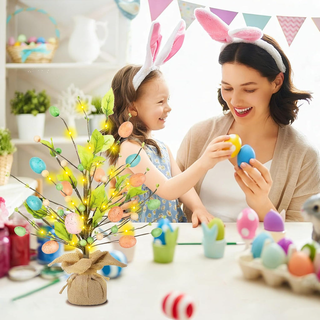 Easter Decorations, 18 Inch Easter Egg Tree with Timer Fairy Lights Colorful Egg Adjustable Branches Mini Tabletop