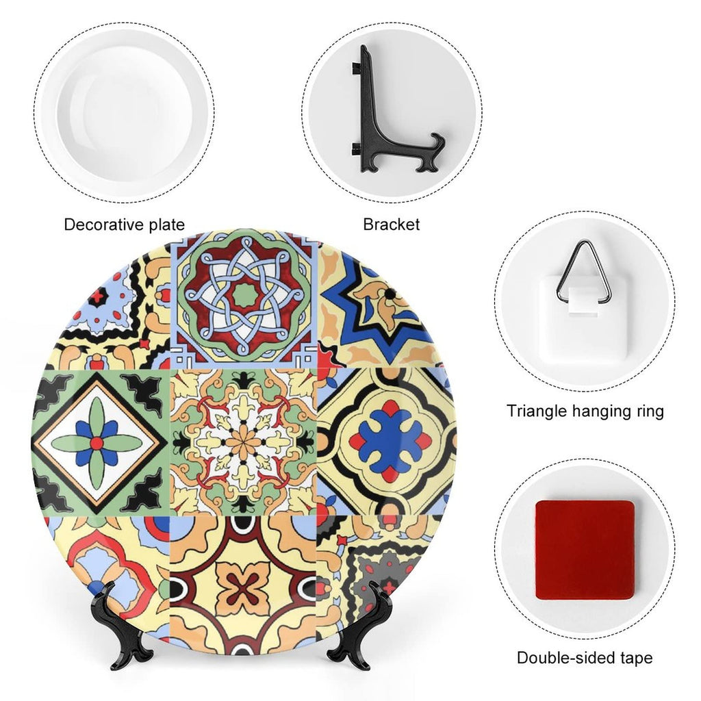 Ceramic Decorative Plates Mexican Tiles Flower Print Home Wobble-Plate with Display Stand, Moroccan Floral Porcelain