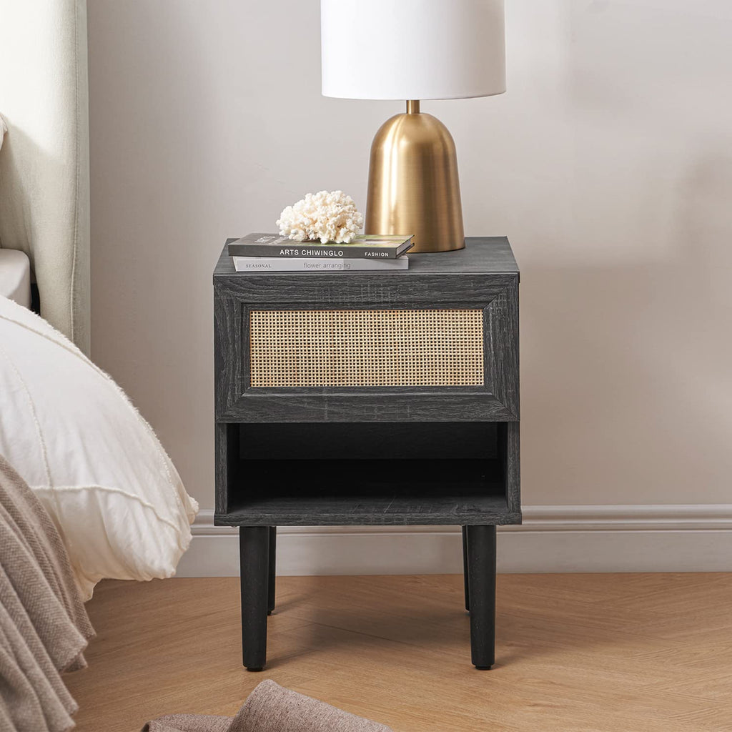 Haylee Rattan Side Table, Small Accent Tables, Mid Century Modern Night Stand, Bedside Tables, Wood Nightstands