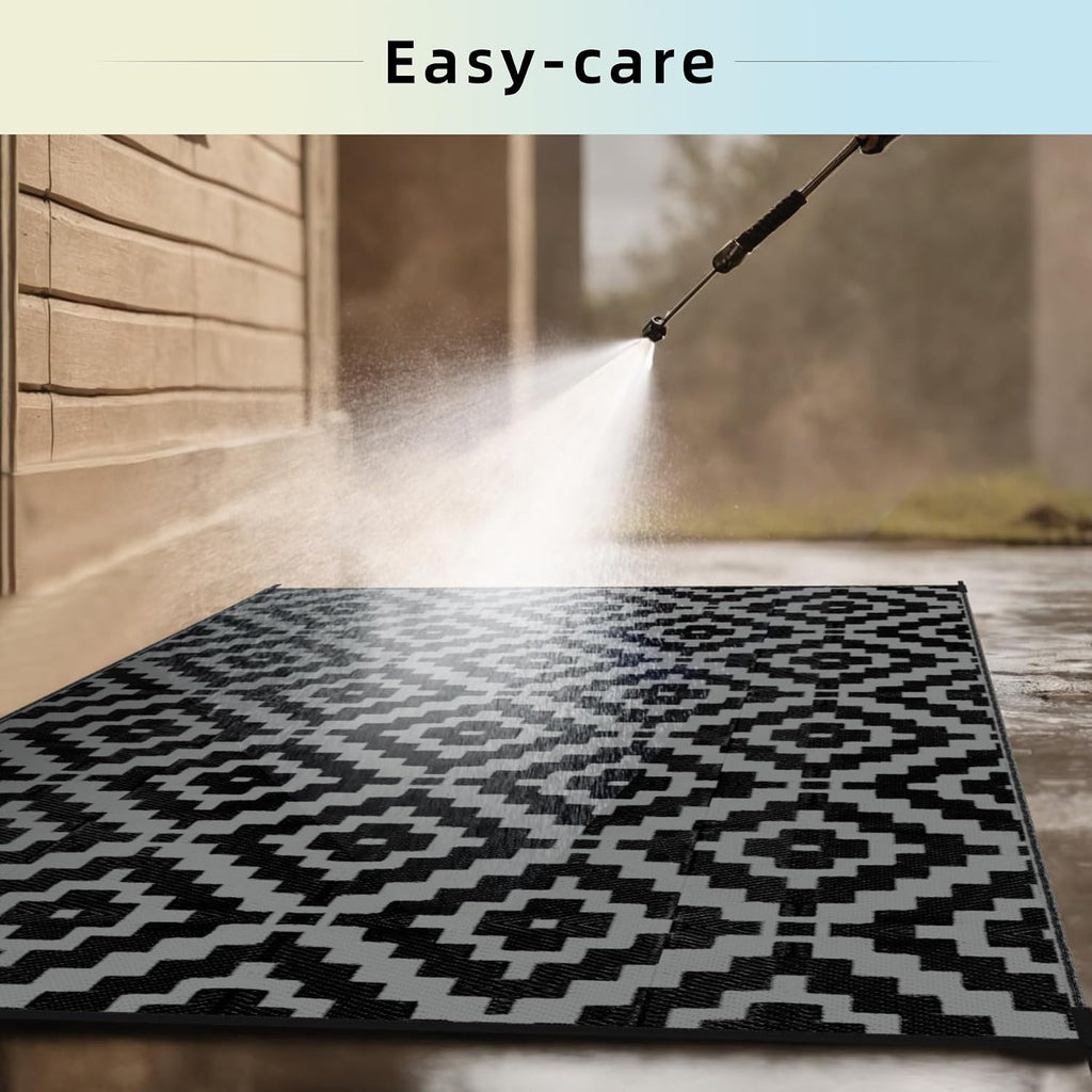 Outdoor Rug Black & Grey Waterproof Reversible Carpet Mat