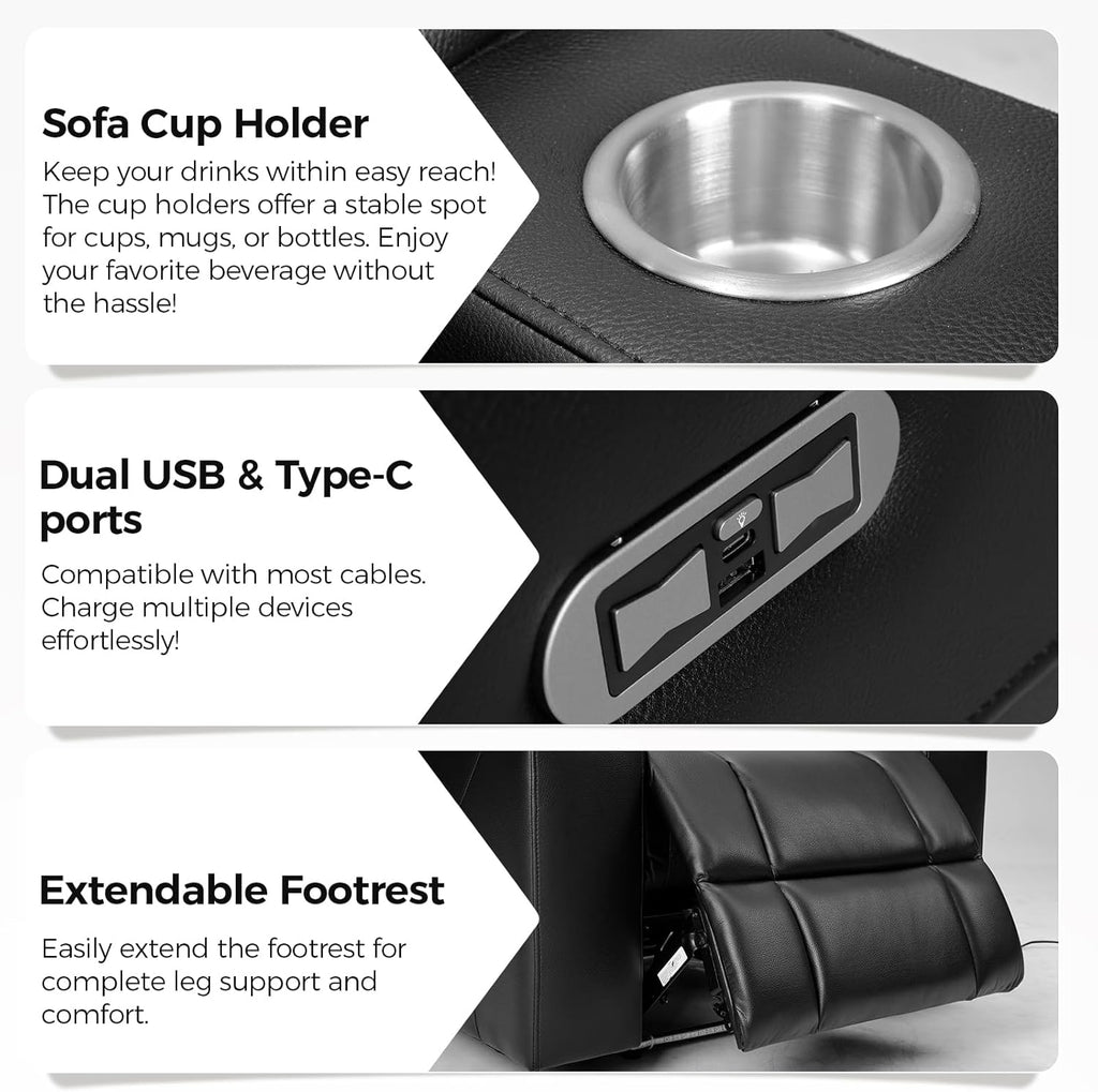 Power Home Theater Seating, Set of 2 PU Leather Electric Recliner Chair with USB Tape-C Ports, LED Light