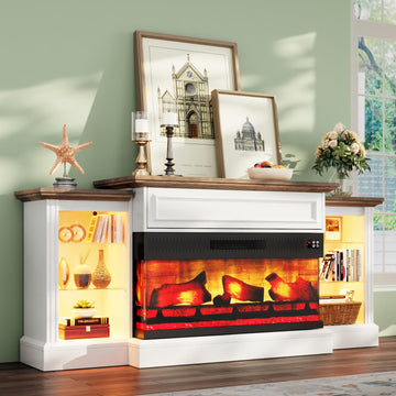 70" with Mantel, Farmhouse Wood Entertainment Center with 3-Sided Glass Fireplace for TVs up to 75", Adjustable