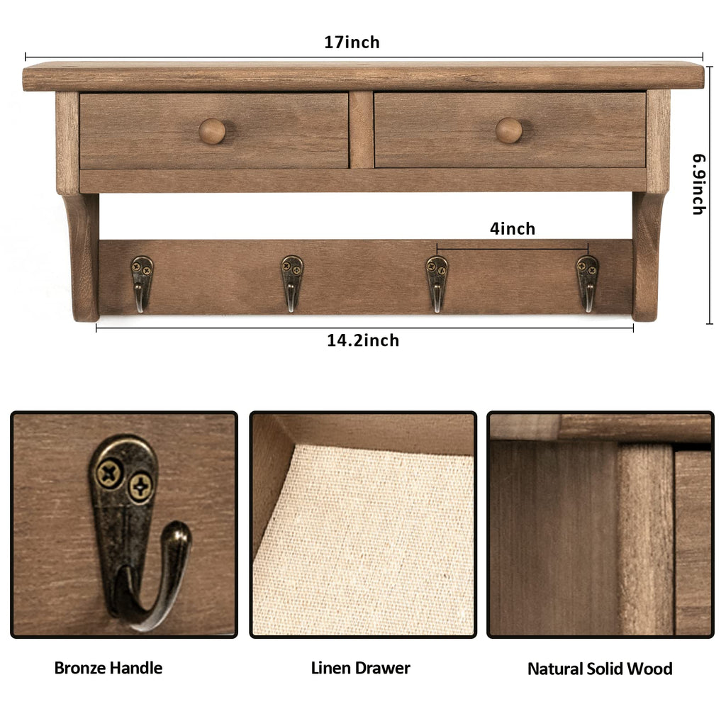 Coat Hooks Mounted, Rustic Wood Coat Rack Mount Shelf with Hooks, Farmhouse Coat Rack with Shelf & Coat Hook