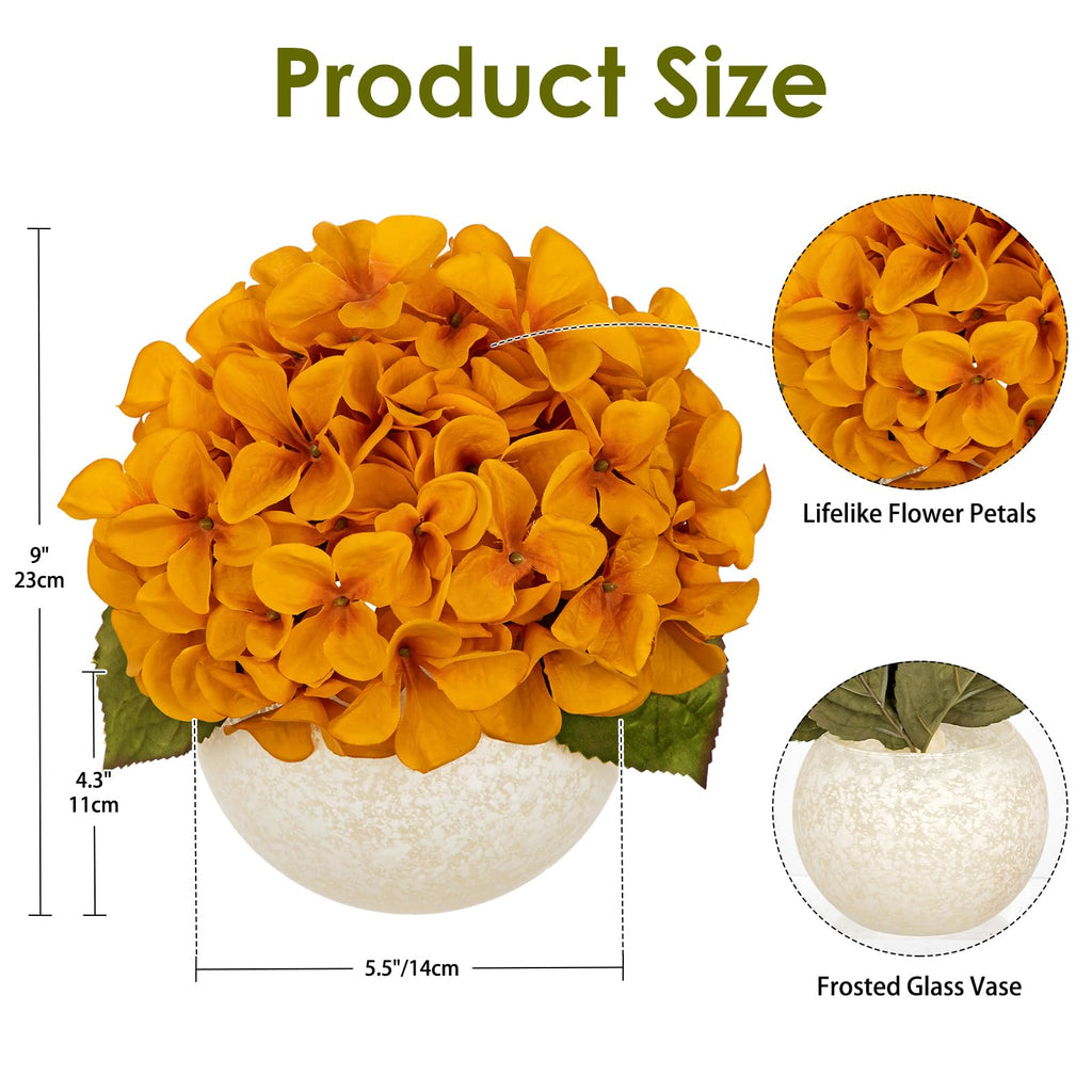 Yellow Artificial with Glass Vase Silk Fake Hydrangeas Faux Arrangements Floral Bulk Bouquet for Wedding Party Boho
