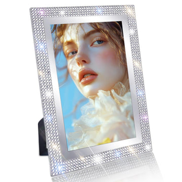 5x7 Bling Glass Picture Frame for Tabletop Display, Display Glitter Rhinestones Photo Frame Horizontally or