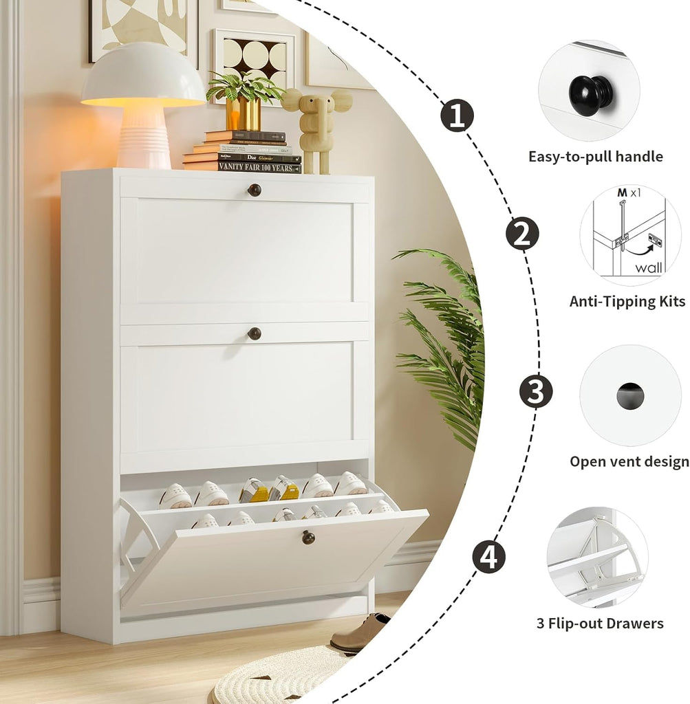 Shoe Cabinet with 3 Flip Drawers, Freestanding Shoe Storage Cabinet with Adjustable Shelf & Anti-Tipping Device, Shoe