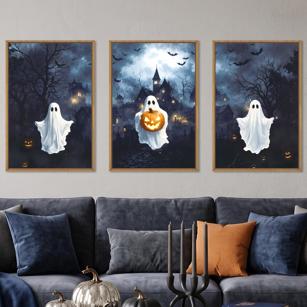 Large Spooky Halloween Framed Canvas Wall Art Set, Funny Ghost and Pumpkin Wall Decor, Eerie Night Castle Scene