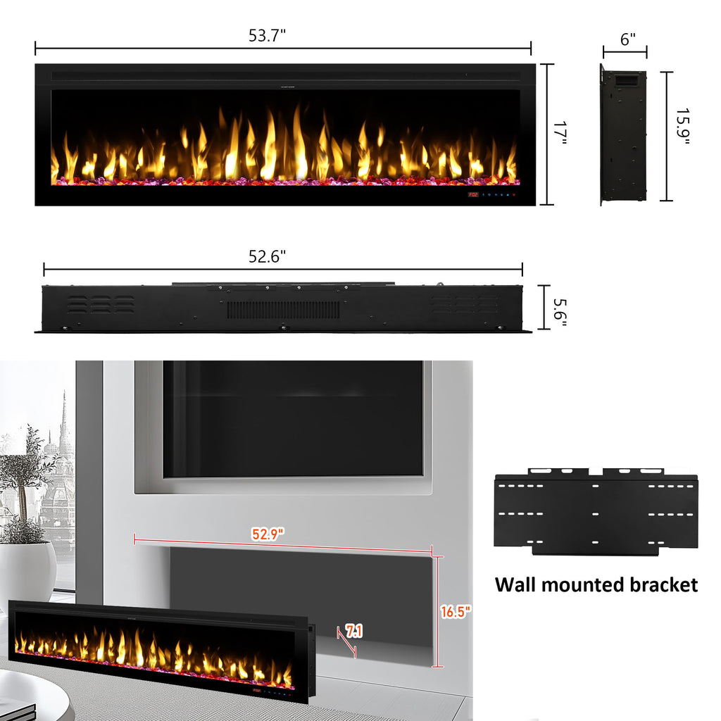 54" Electric Fireplace, Wall Mounted & Insert Electric Fireplace, W/Mixed Color Flame, Adjustable Brightness & Speed