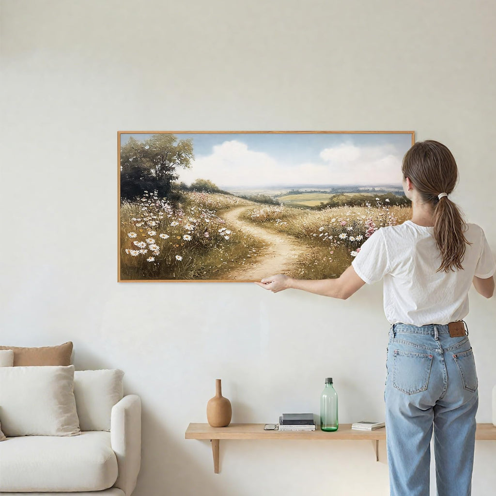 Rustic French Country Framed Canvas Wall Art, Vintage Flower Field Wall Decor, Calming Nature Landscape Art