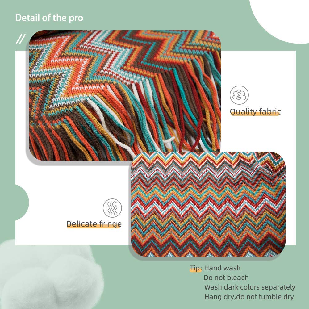 Bohemian Throw Blanket with Tassel Color Soft Knitted Blankets for Sofa Couch Chair Bed Home Decorate 50" x 60"(Color