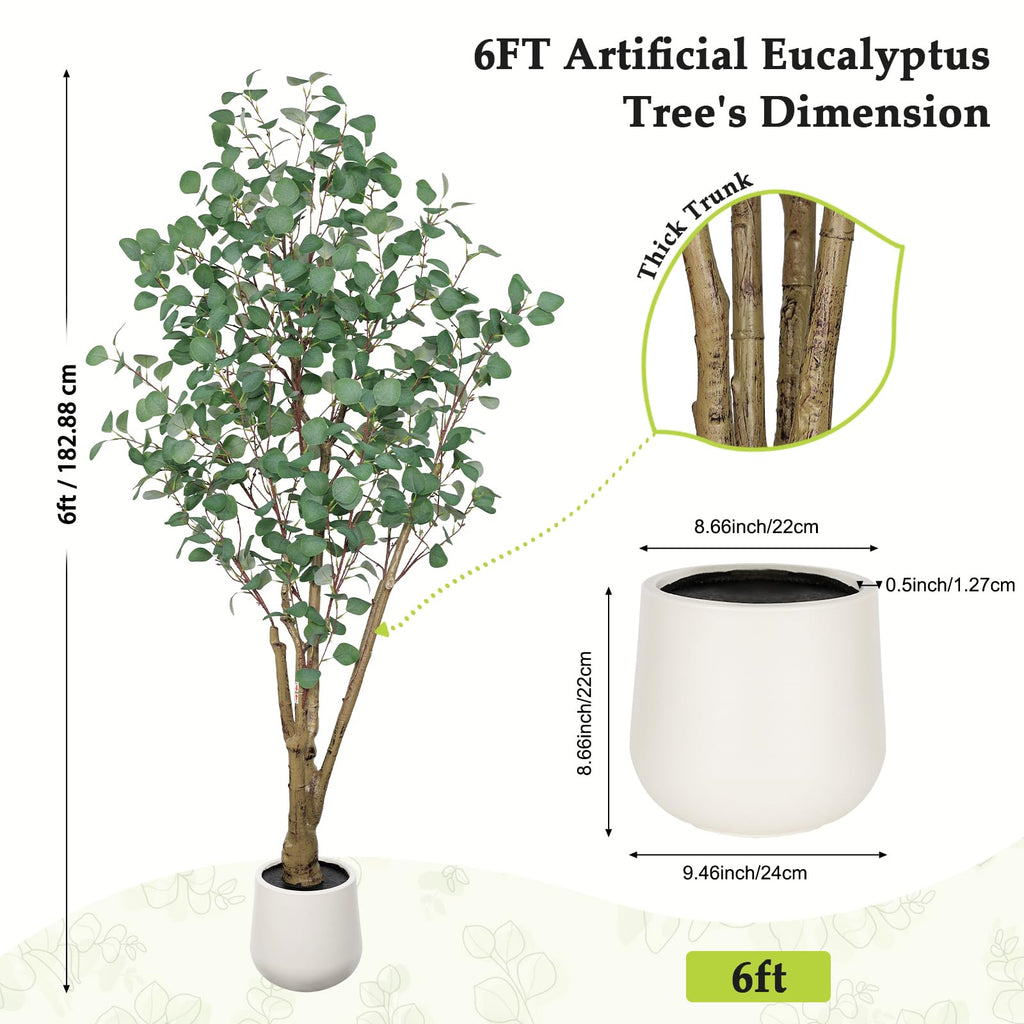 Artificial Eucalyptus Trees with White Planter, 6 FT Faux Eucalyptus Plants Indoor Tall Fake Floor Trees with Silk