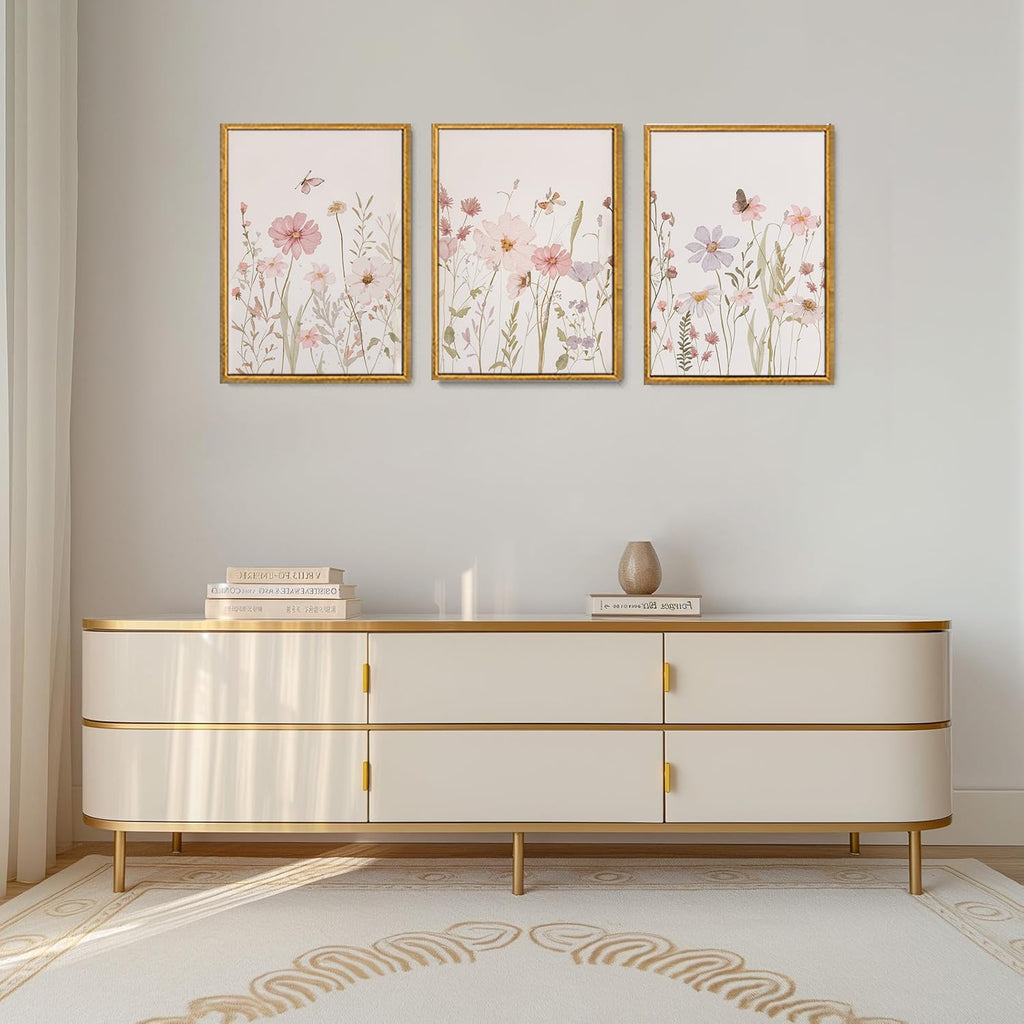 3 Piece Framed Wall Art Wildflower Wall Decor Botanical Canvas Art Floral Pictures Watercolor Paintings Pink Artwork